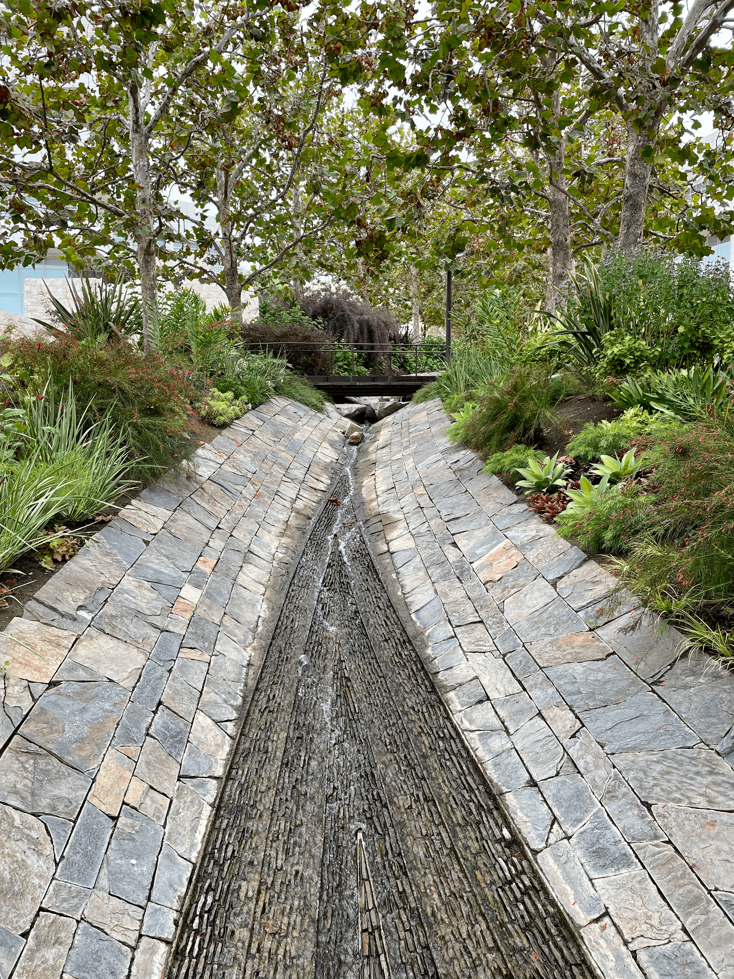 Water flowing down a landscaping feature at the Getty Museum